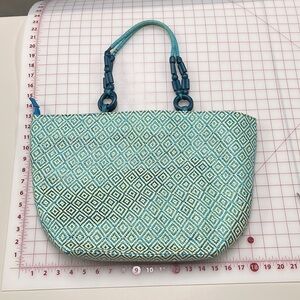 BIG BUDA Turquoise & Tan Geometric Beaded Handle Zip Large Beach/Vacation Tote
